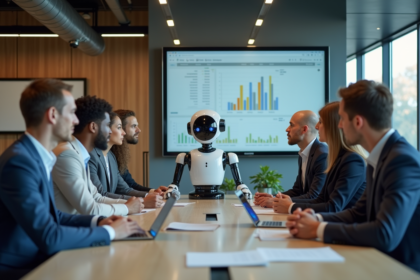 Groupe de travailleurs et robot humanoide en réunion