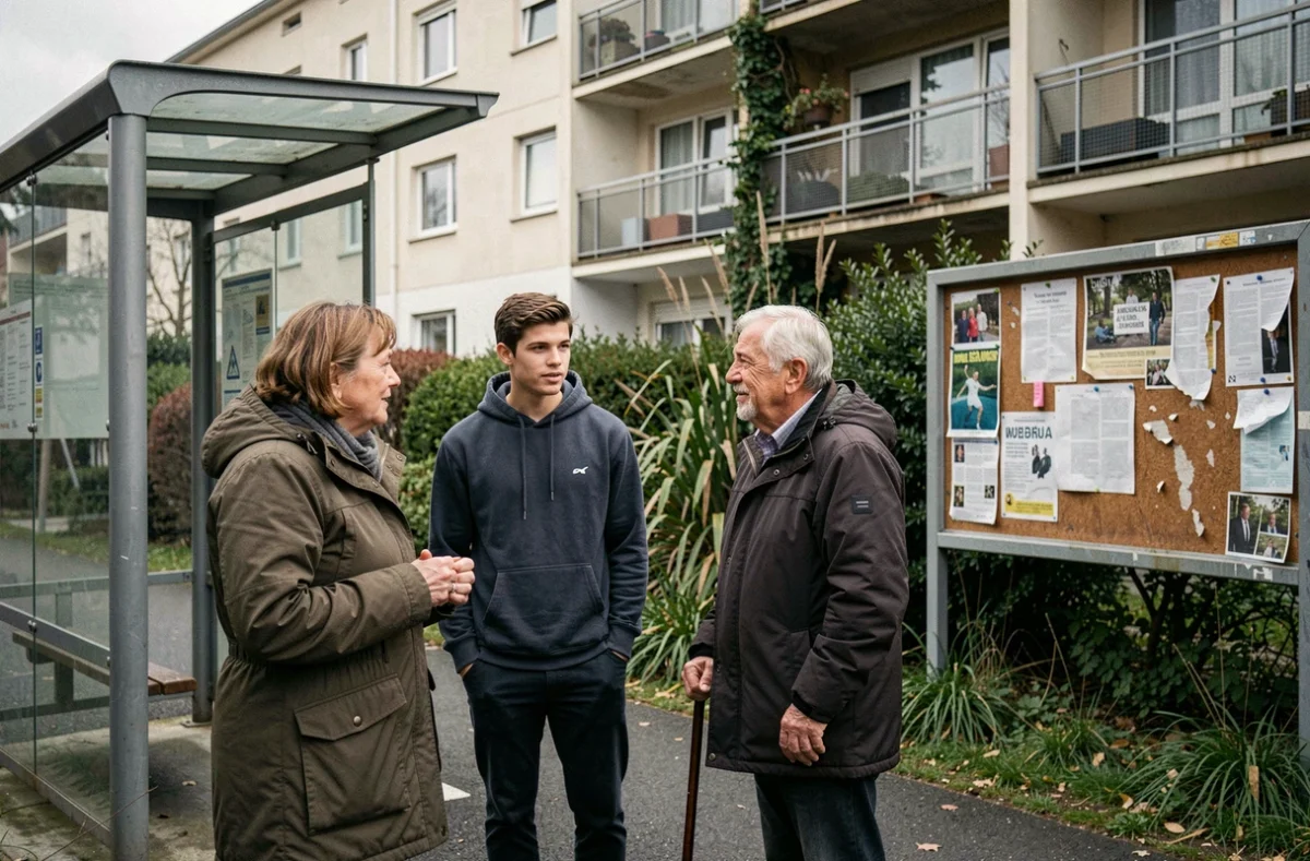 Trois habitants adultes discutant près d'un arrêt de bus dans une cité HLM de Toulouse, avec immeubles d'habitat social en arrière-plan