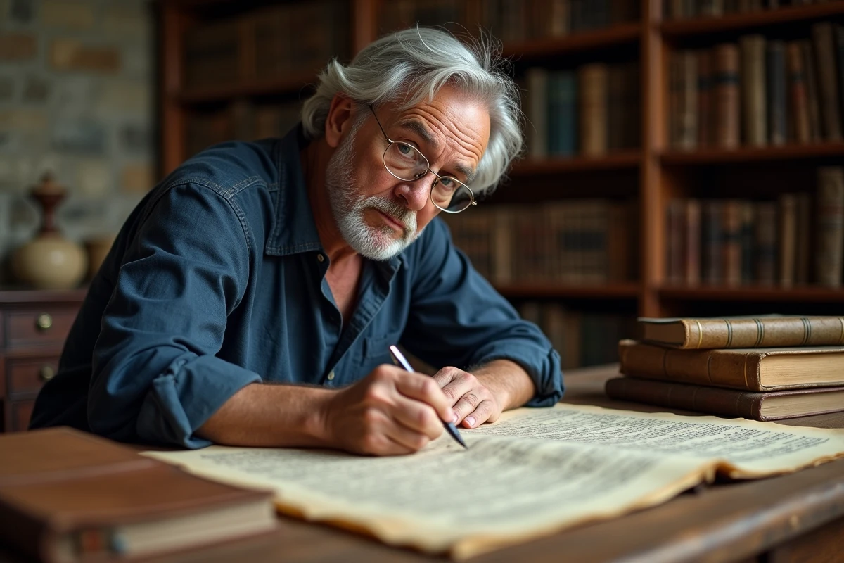 Historien consultant des manuscrits médiévaux dans une salle d'archives pour étudier les origines de la devise des Templiers