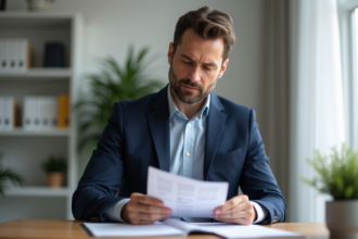 Homme d'affaires en costume bleu examinant des papiers