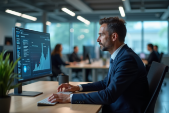 Homme d'affaires en costume regardant un écran d'ordinateur