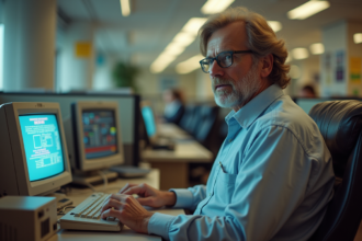 Homme d'âge moyen avec ordinateur des années 1980