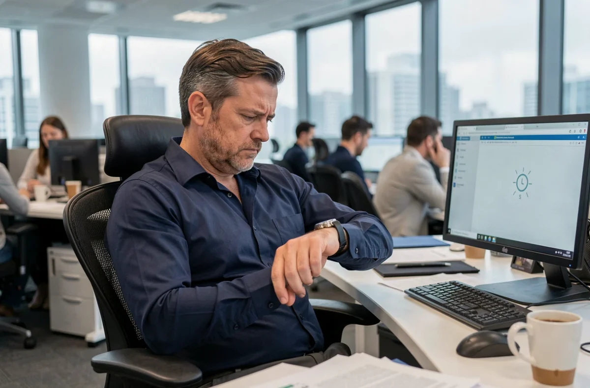Homme en bureau d'entreprise regardant sa montre avec impatience pendant le chargement d'une page Google
