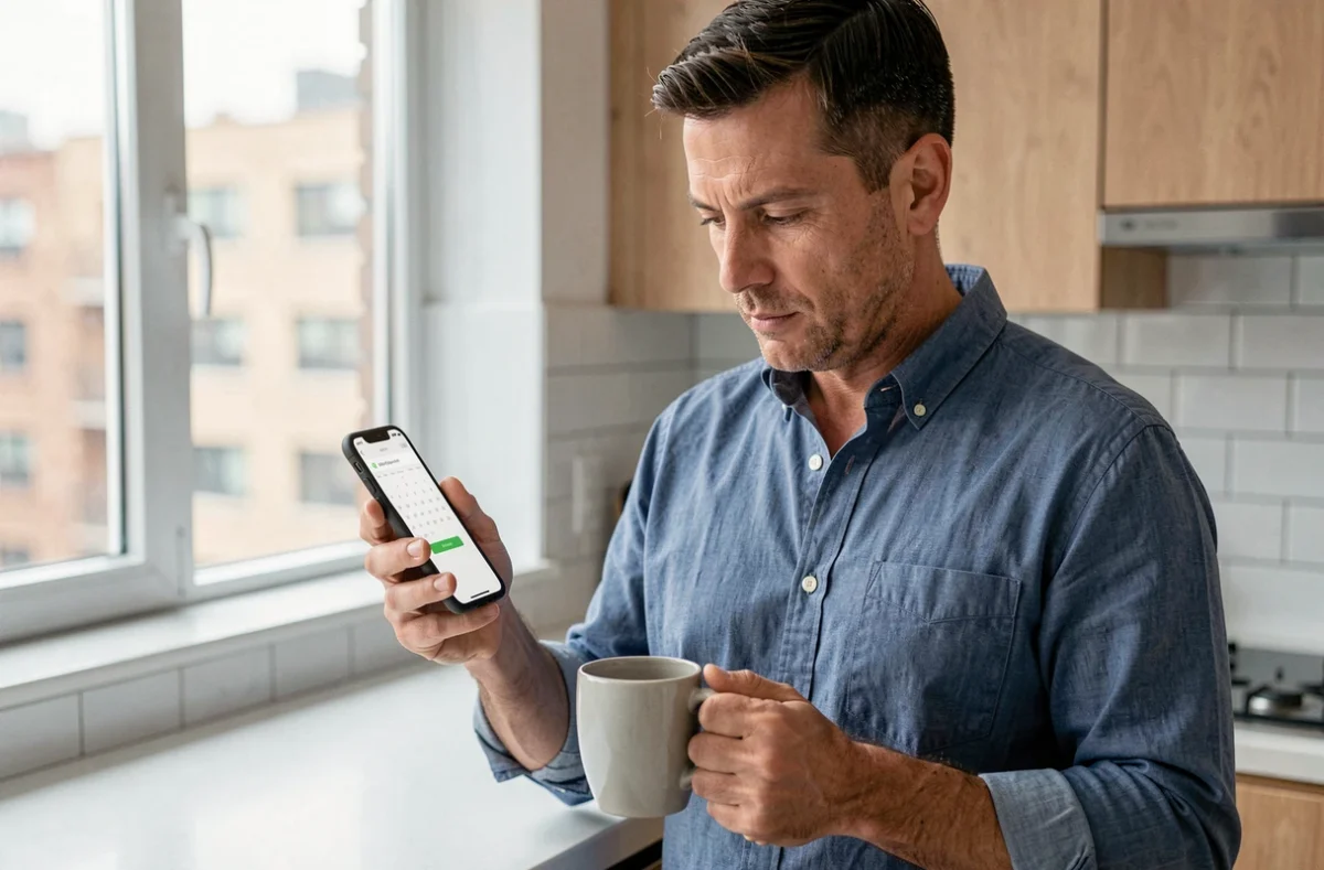 Homme consultant une application calendrier sur smartphone pour calculer un écart de semaines