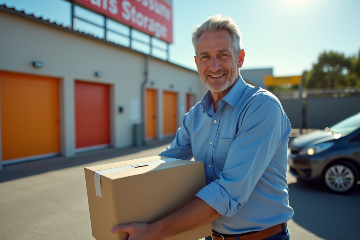Homme chargeant une box dans un parking extérieur