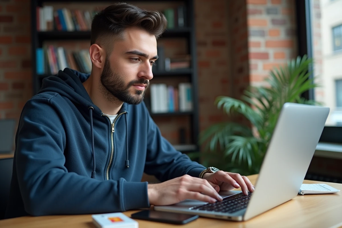 Jeune homme comparant les prix des forfaits mobiles Orange sur un ordinateur portable avec une carte SIM sur son bureau