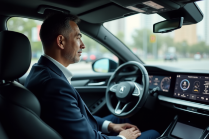 Homme d'âge moyen dans une voiture autonome moderne