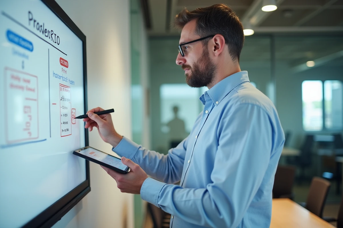Homme écrivant le symbole ≈ dans une salle de réunion moderne