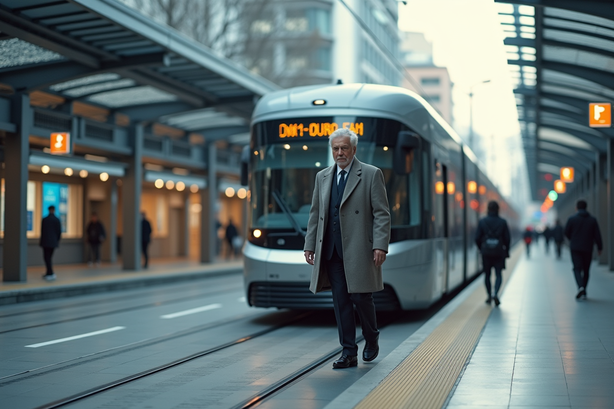 Homme âgé sortant d’un tram autonome dans une station moderne
