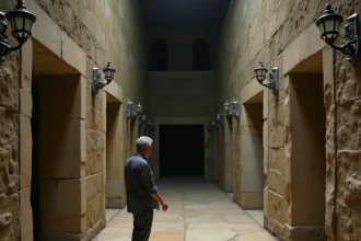 Homme solitaire perdu dans un labyrinthe de pierre antique, symbolisant le mythe du Minotaure revisité