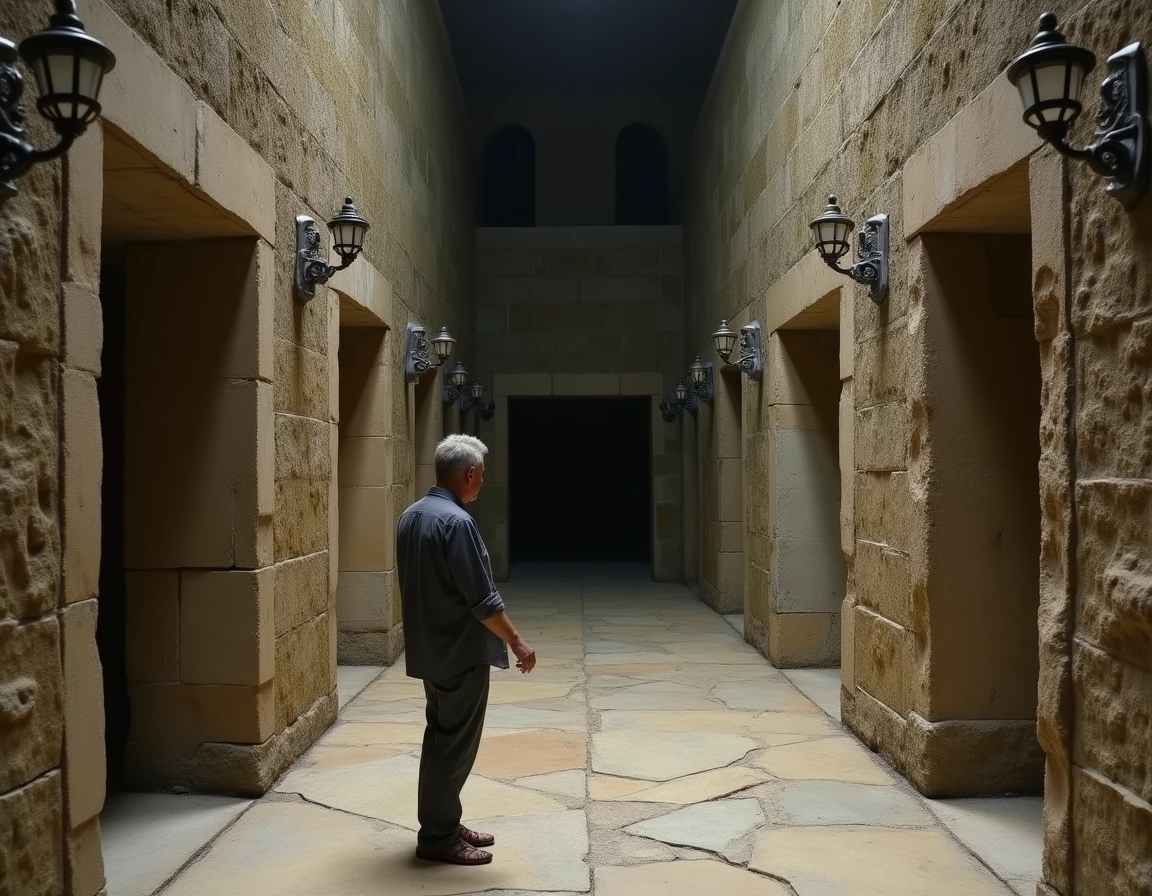 Homme solitaire perdu dans un labyrinthe de pierre antique, symbolisant le mythe du Minotaure revisité
