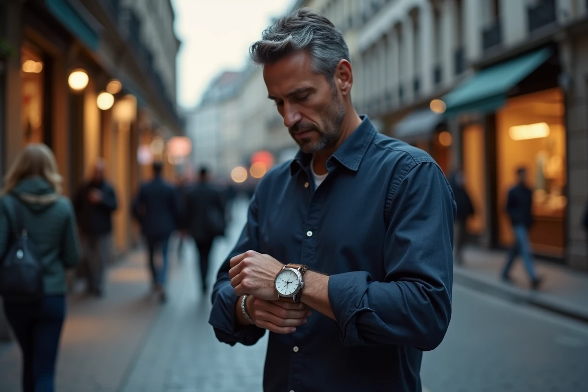 Homme consultant sa montre affichant 18h18 dans une rue urbaine européenne, illustrant le concept des heures miroirs et leur guidance dans les décisions quotidiennes