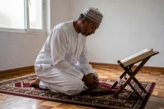 Homme musulman en djellaba blanche en prière sur un tapis de prière à Orléans pendant le ramadan