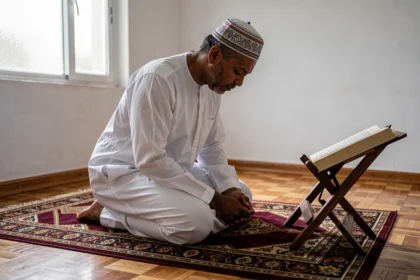 Homme musulman en djellaba blanche en prière sur un tapis de prière à Orléans pendant le ramadan