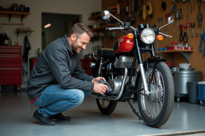 Homme moyenâgeux nettoyant une moto Dax 50 dans un garage organisé