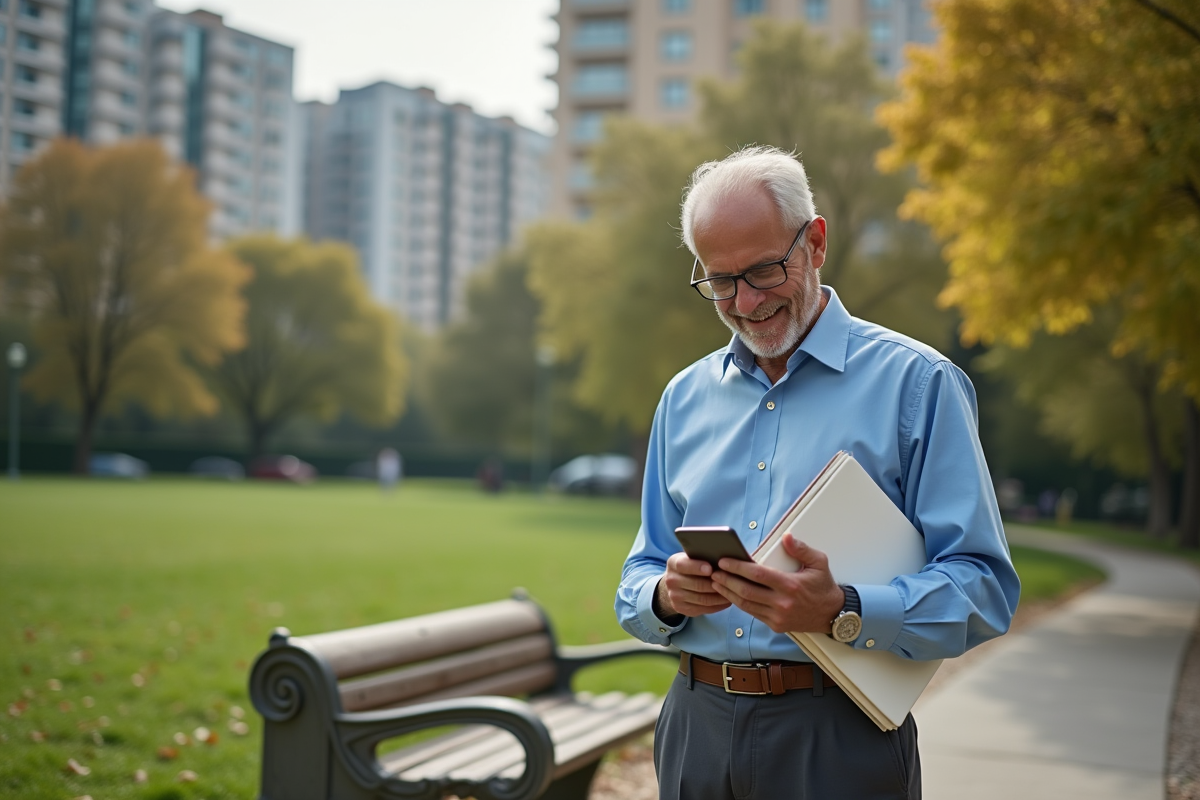 Homme de 55 ans regardant son smartphone dans un parc