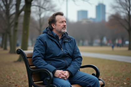 Homme d'âge moyen assis seul sur un banc dans un parc automnal