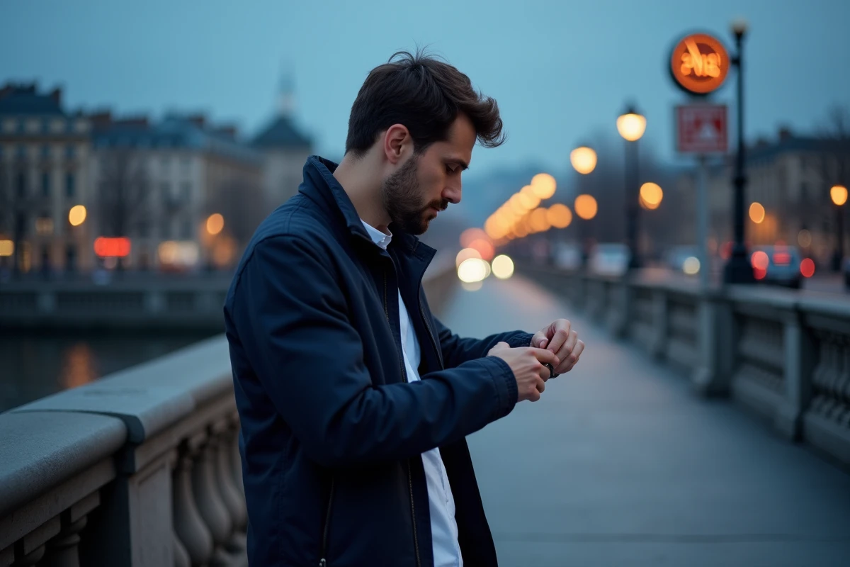 Homme regardant sa montre sur un pont urbain au crépuscule
