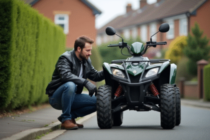 Homme vérifiant un quad 50cc sur une rue résidentielle