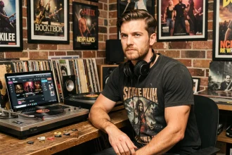 Homme écoutant une radio rock en ligne sur son ordinateur portable dans un studio maison décoré d'affiches de concerts et de vinyles