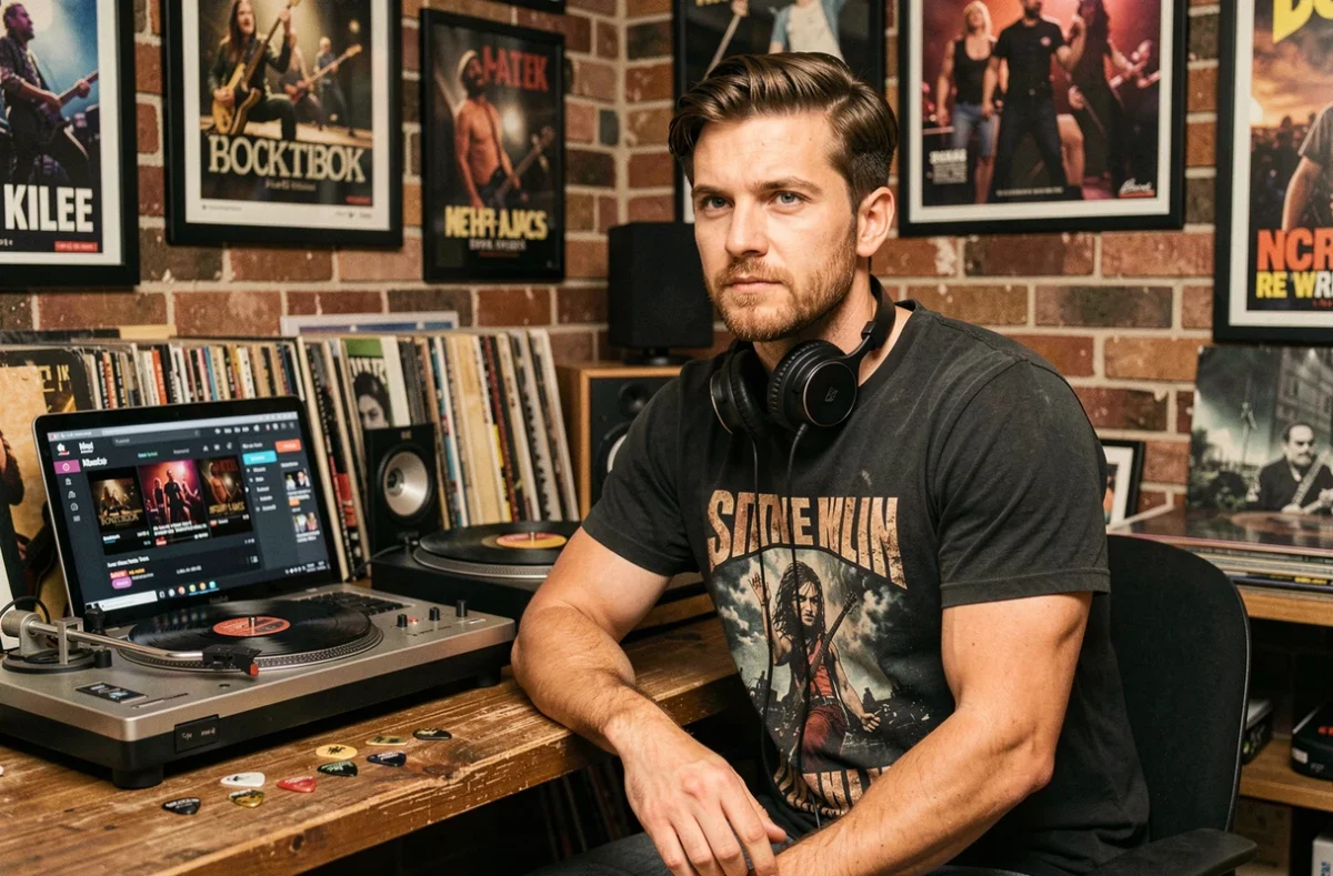 Homme écoutant une radio rock en ligne sur son ordinateur portable dans un studio maison décoré d'affiches de concerts et de vinyles