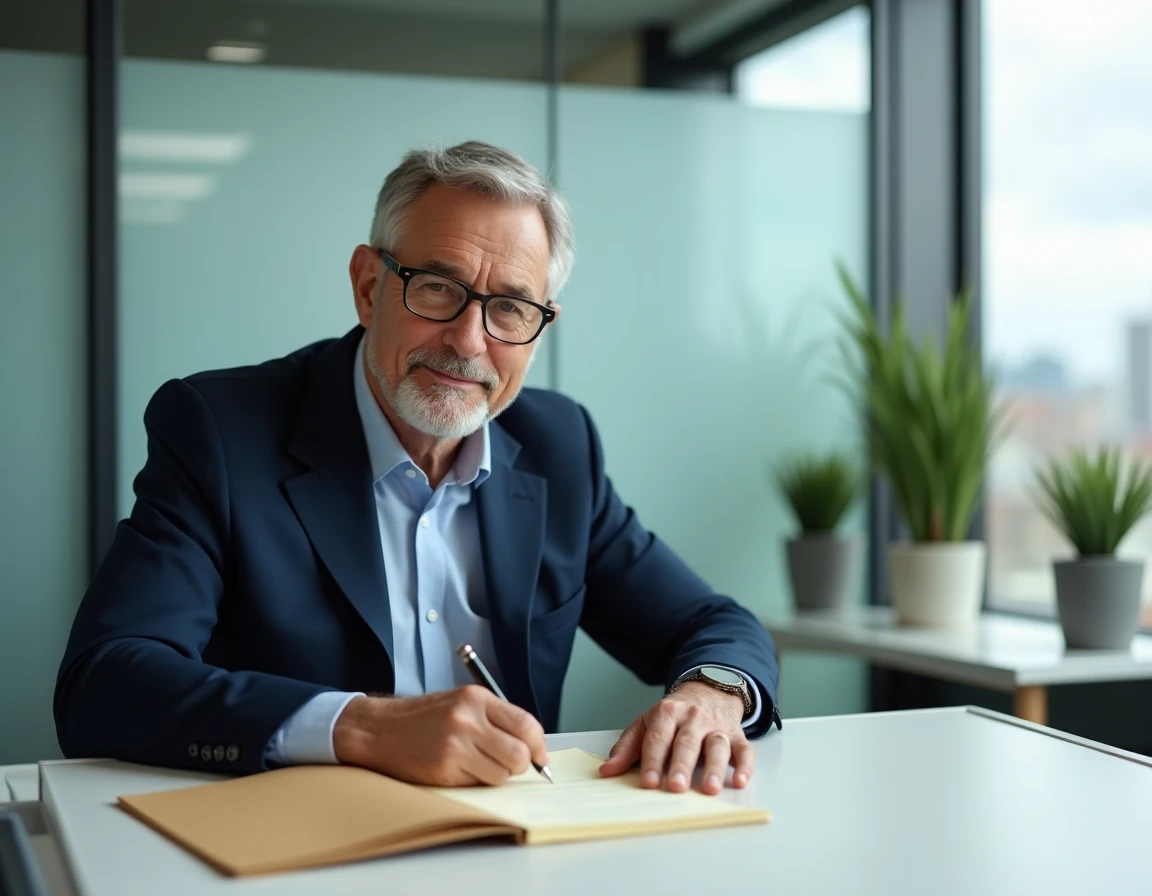 Homme en costume rédigeant une lettre formelle à son avocat sur papier pour une affaire juridique en cours
