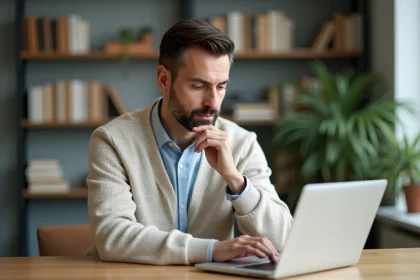 Homme réfléchi assis à une table avec un ordinateur dans un appartement lumineux