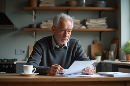 Homme d'environ soixante ans examine des documents financiers à la maison