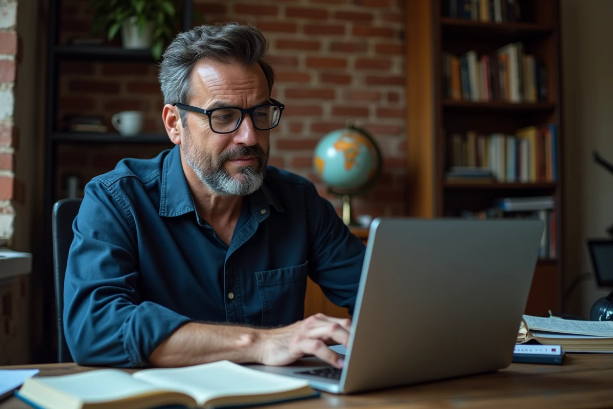 Homme découvrant la fermeture d'un site d'ebooks sur son ordinateur portable dans un bureau à domicile