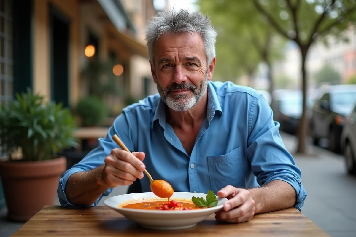 Homme dégustant une soupe épicée dans un café en plein air