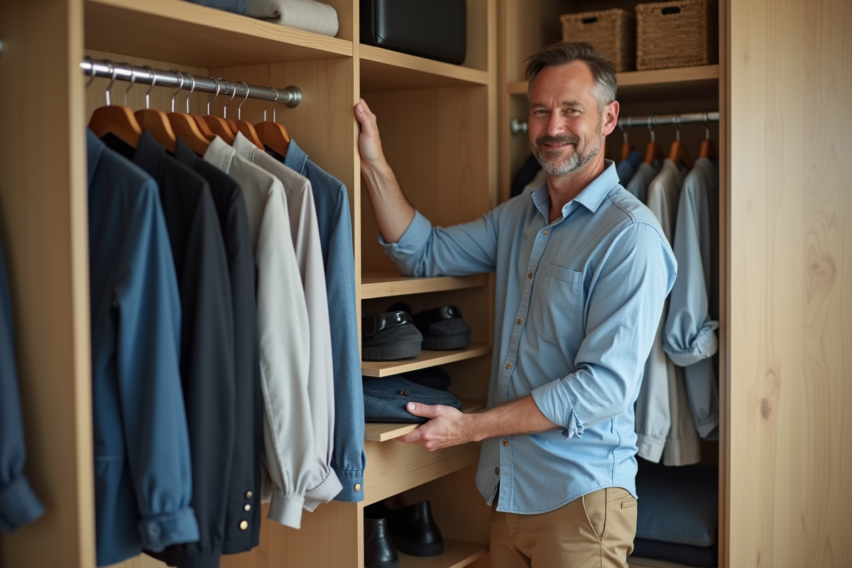 Homme rangeant ses vêtements dans un dressing organisé
