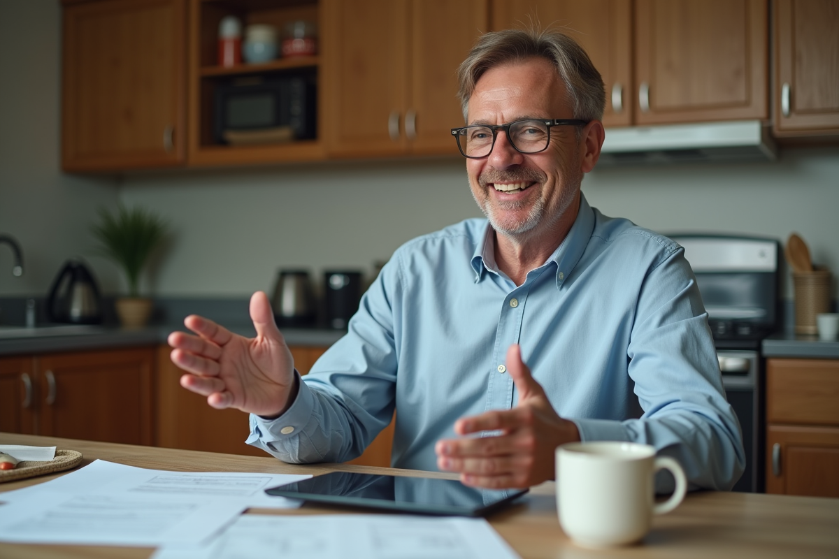 Homme en visioconference dans la cuisine avec documents et tablette