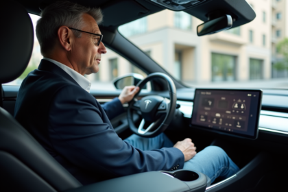 Homme d'âge moyen dans une voiture électrique moderne