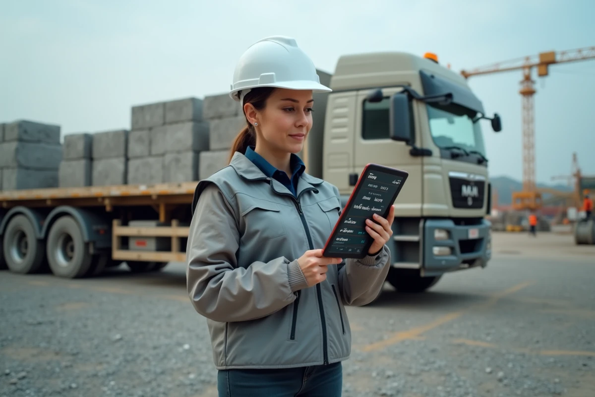 Ingénieure sur chantier consultant une tablette affichant des conversions de poids en kilogrammes et tonnes