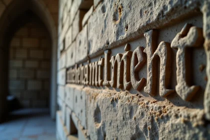 Inscription latine médiévale gravée sur pierre dans une chapelle romane, détail macro évoquant la devise des Templiers