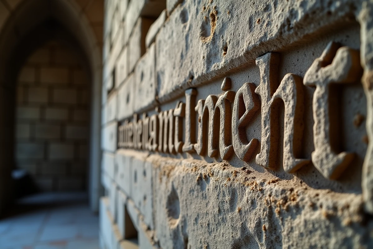 Inscription latine médiévale gravée sur pierre dans une chapelle romane, détail macro évoquant la devise des Templiers