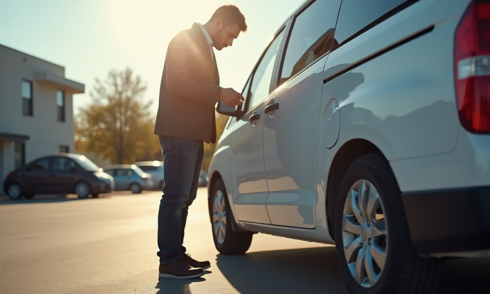 Personne inspectant une minivan d'occasion en plein jour