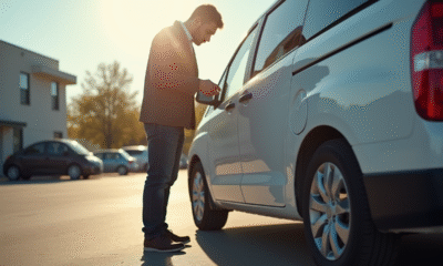 Personne inspectant une minivan d'occasion en plein jour