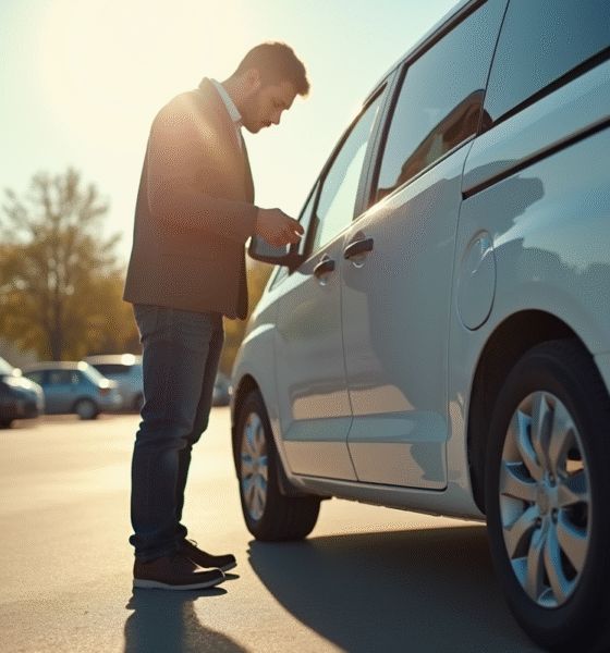 Personne inspectant une minivan d'occasion en plein jour