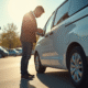 Personne inspectant une minivan d'occasion en plein jour