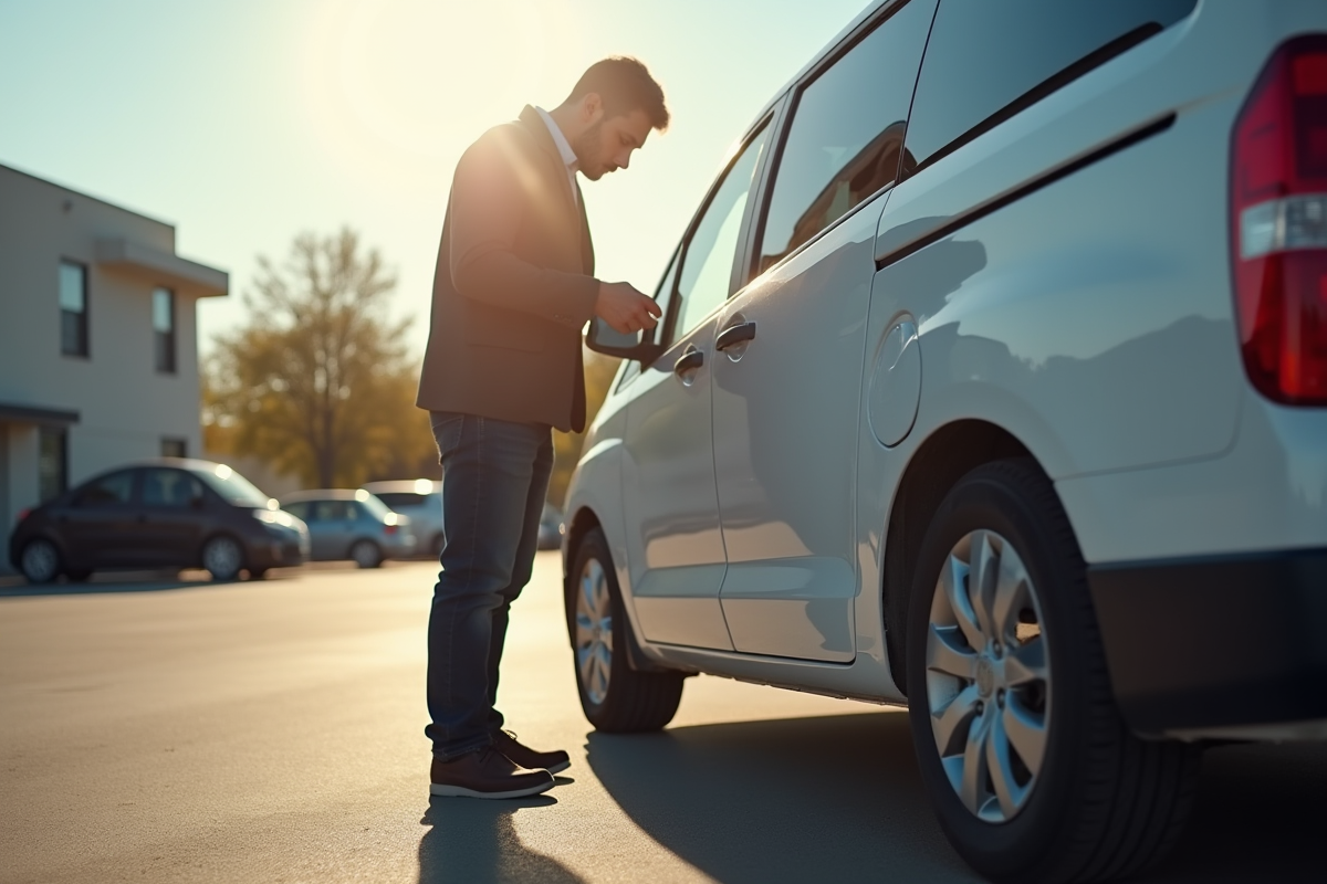 Personne inspectant une minivan d'occasion en plein jour