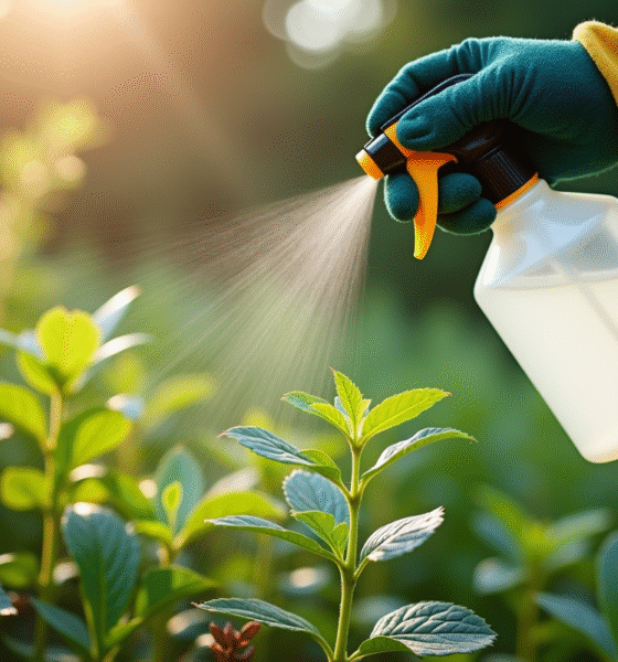 Personne appliquant un herbicide naturel aux mauvaises herbes