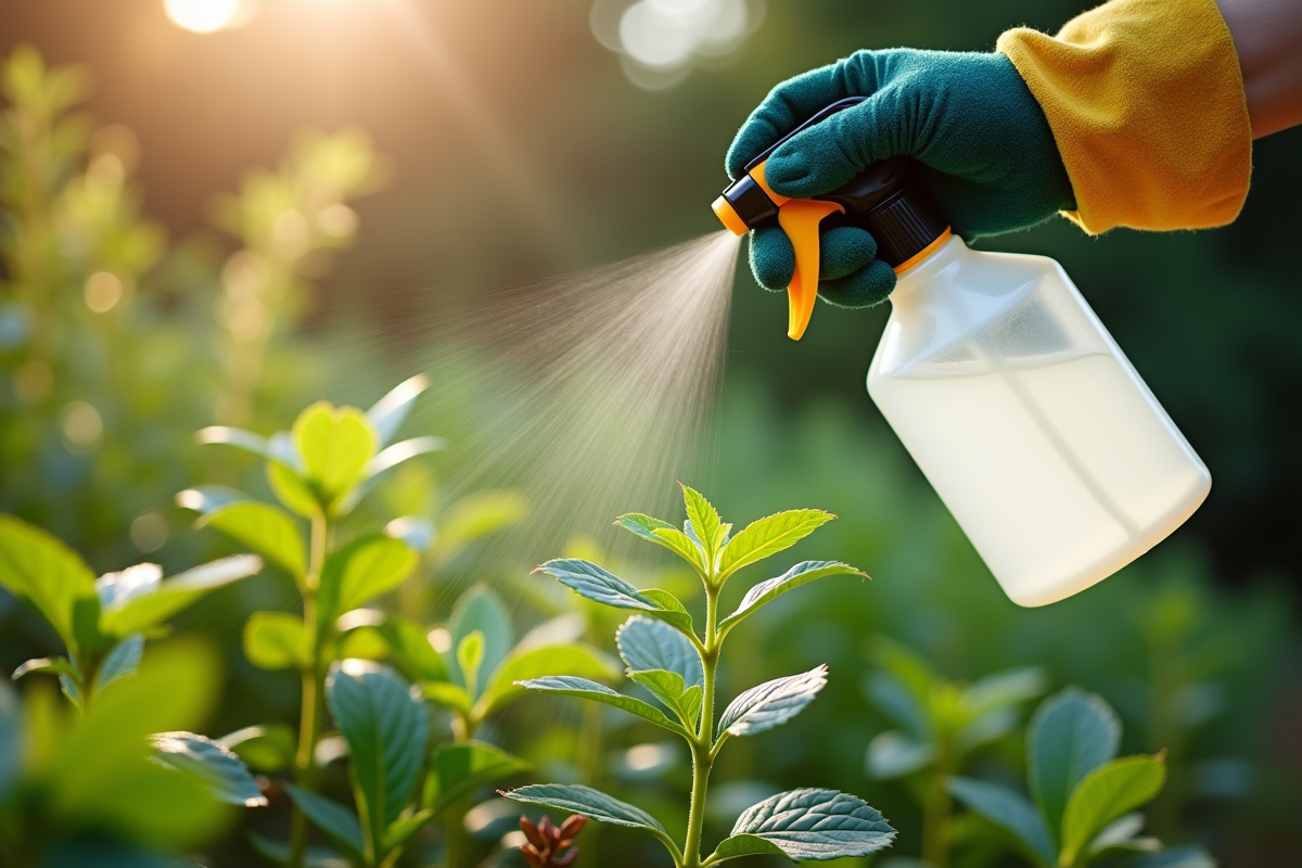 Personne appliquant un herbicide naturel aux mauvaises herbes