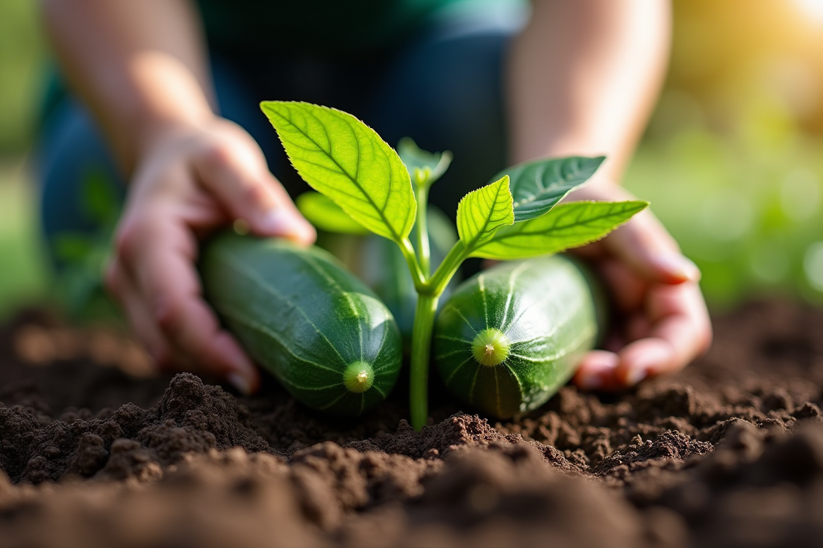 Jardinier plantant des concombres trop proches en terre riche