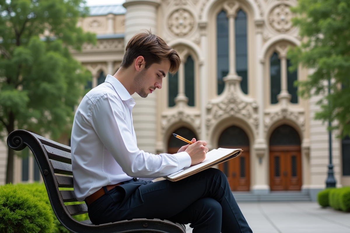Jeune homme dessinant une facade art nouveau
