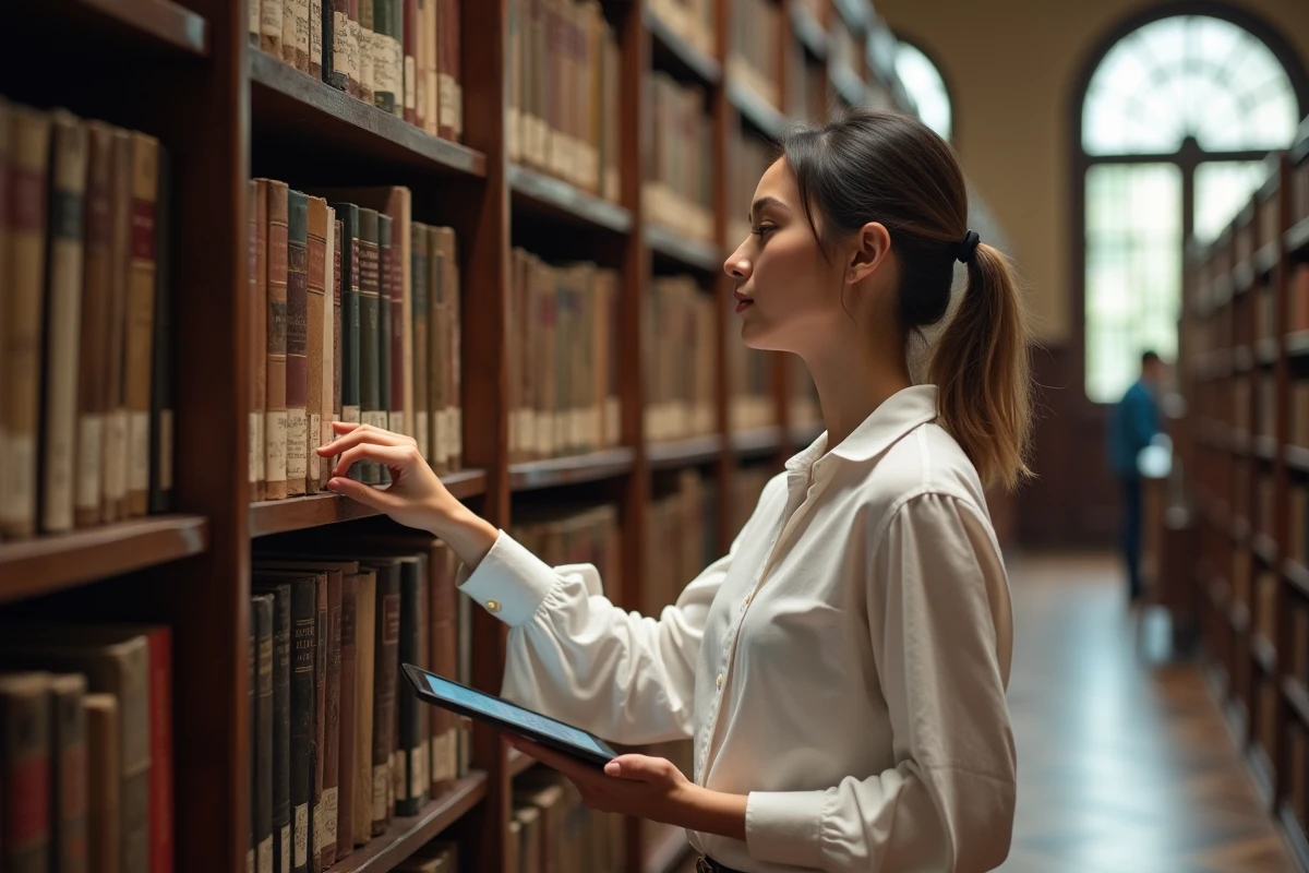 Jeune femme explorant des alternatives aux ebooks en bibliothèque publique avec une tablette numérique