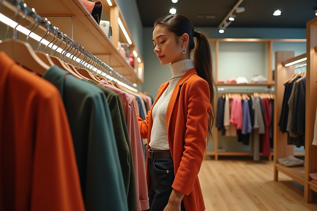 Jeune femme en tenue française dans une boutique chic
