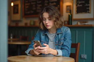 Jeune femme au café parisien avec smartphone en main
