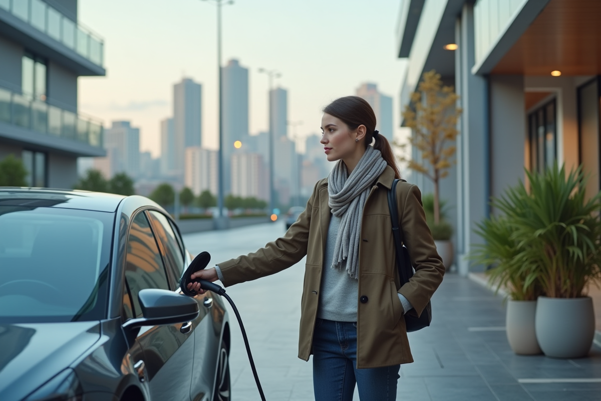 Jeune femme utilisant une borne de recharge pour voiture électrique en ville