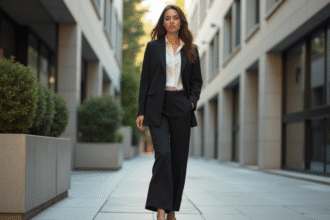 Jeune femme élégante marchant dans une rue urbaine moderne